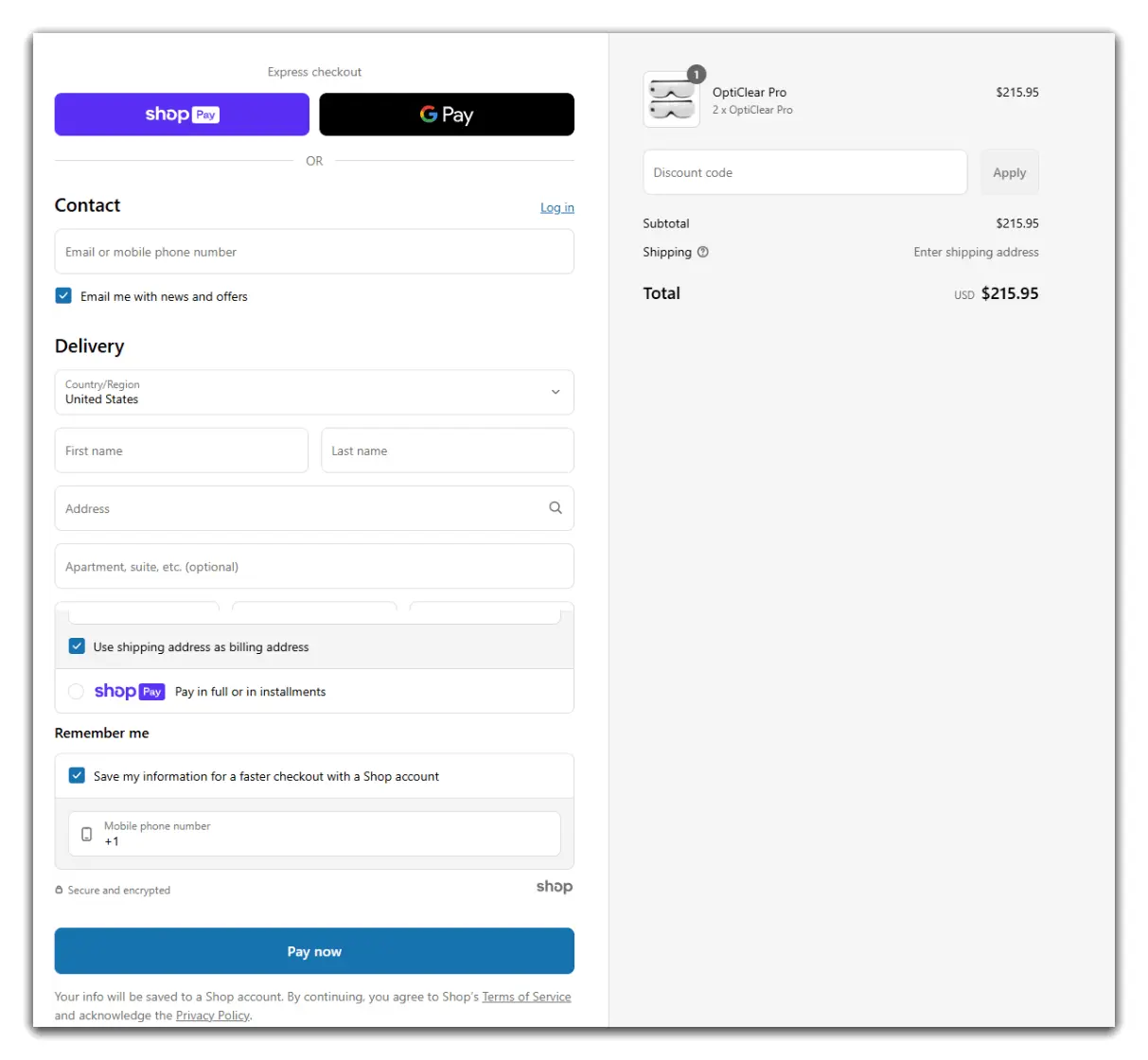 OptiClear Pro  checkout page